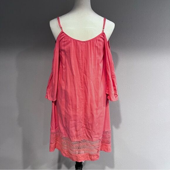 Coral color a-line cold Shoulder short sleeve mini dress with lace details - Picture 7 of 13